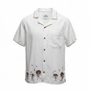 Hollister Mens XS Cotton Novelty‎ Print Embroidered Mushrooms Button-Up Shirt